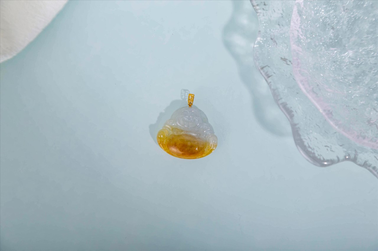 A28翡翠 黃翡 彌勒佛 18k金扣頭